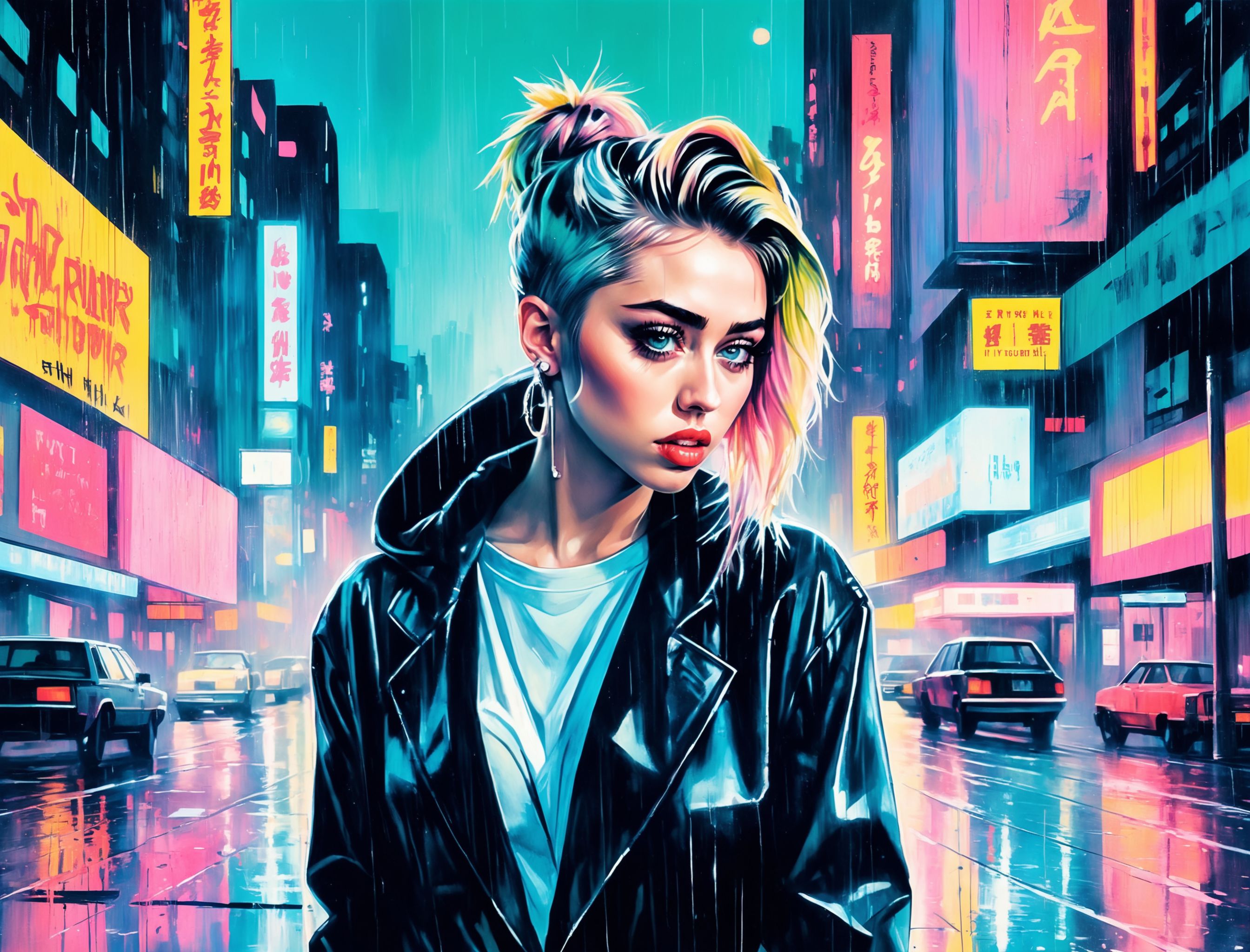 44901-859061236-(Miley Cyrus), nighttime, cyberpunk city, dark, raining, neon lights ((,Wearing a blazer over a hoodie)), blazer, hoodie, (_lora.jpg